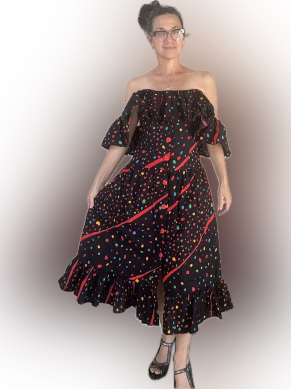 Vtg 80s Bill Blass party cha cha Black Midi Dress Multicolor Polka Dot Print 6